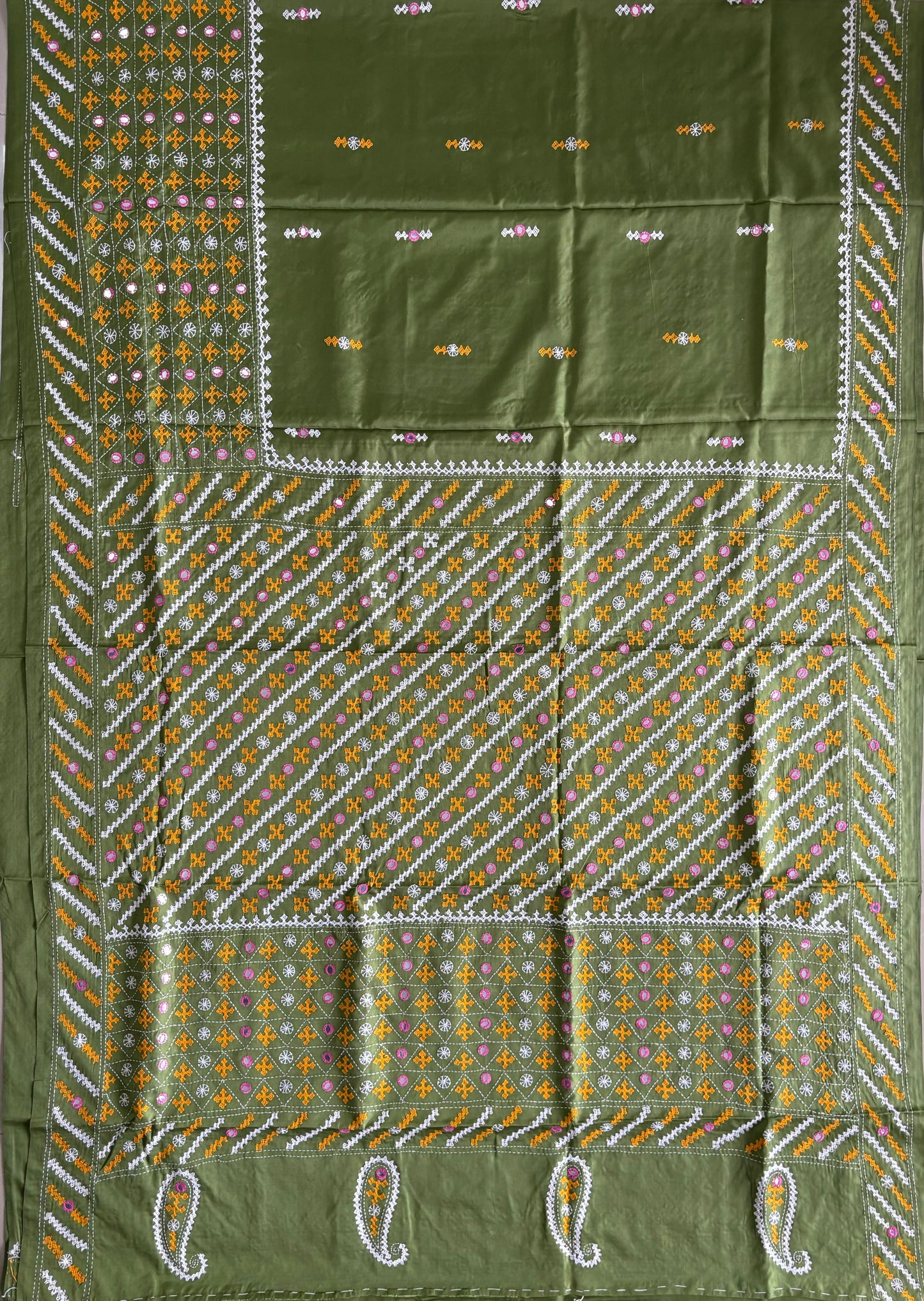 Green Gujrati Stitch/Kutch Hand Embroidered Art Silk Saree
