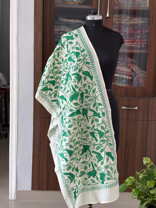 Nakshi Kantha Semi Tussar Silk Stole | White | 22" |