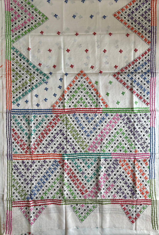 Gujrati Stitch/Kutch Hand Embroidered Art Silk Saree - Off White