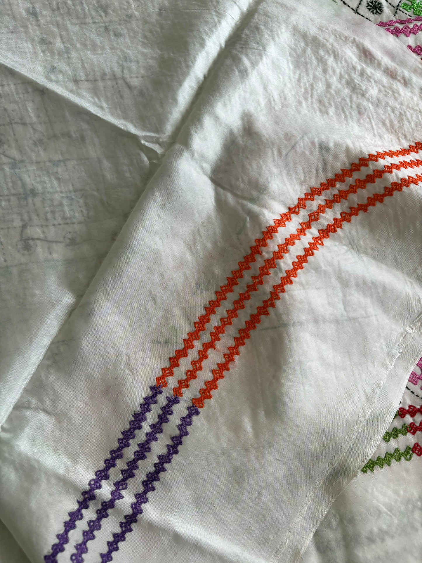 Gujrati Stitch/Kutch Hand Embroidered Art Silk Saree - Off White