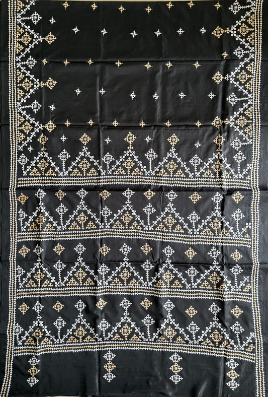 Gujrati Stitch/Kutch Hand Embroidered Art Silk Saree - Black