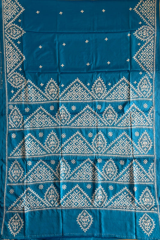 Gujrati Stitch/Kutch Hand Embroidered Art Silk Saree