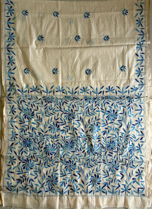 Kantha Hand Embroidered semi tassar silk Saree