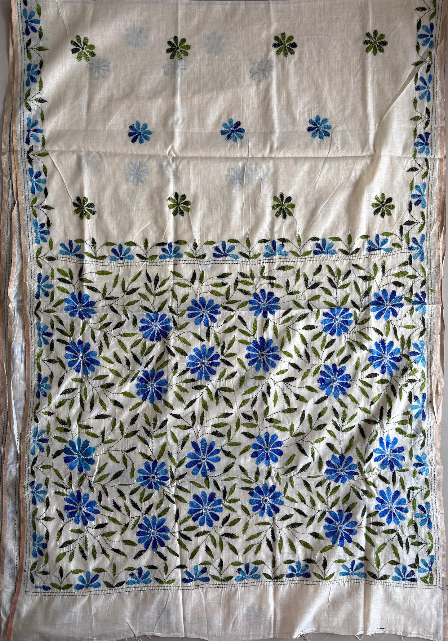 Kantha Hand Embroidered semi tassar silk Saree