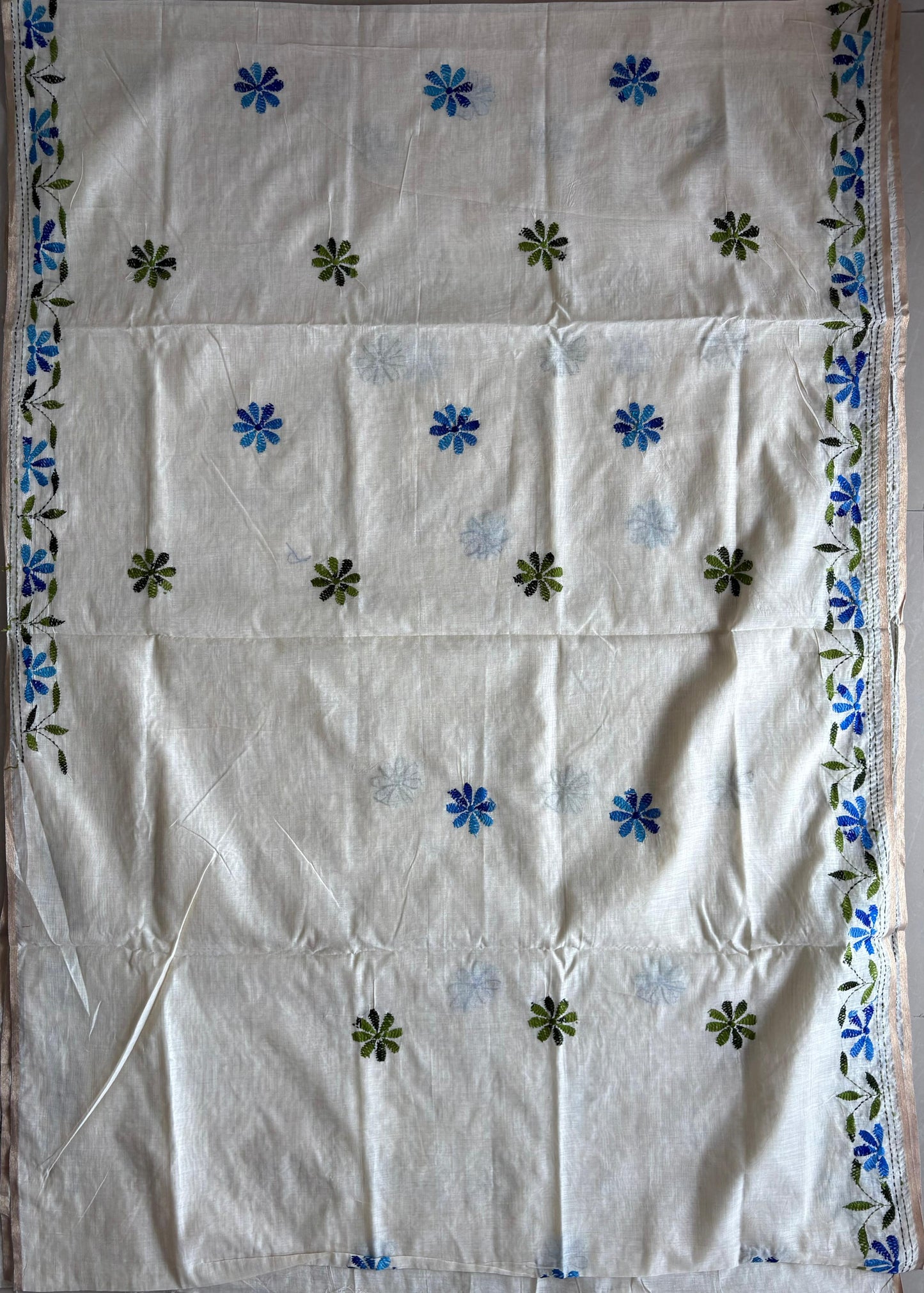 Kantha Hand Embroidered semi tassar silk Saree