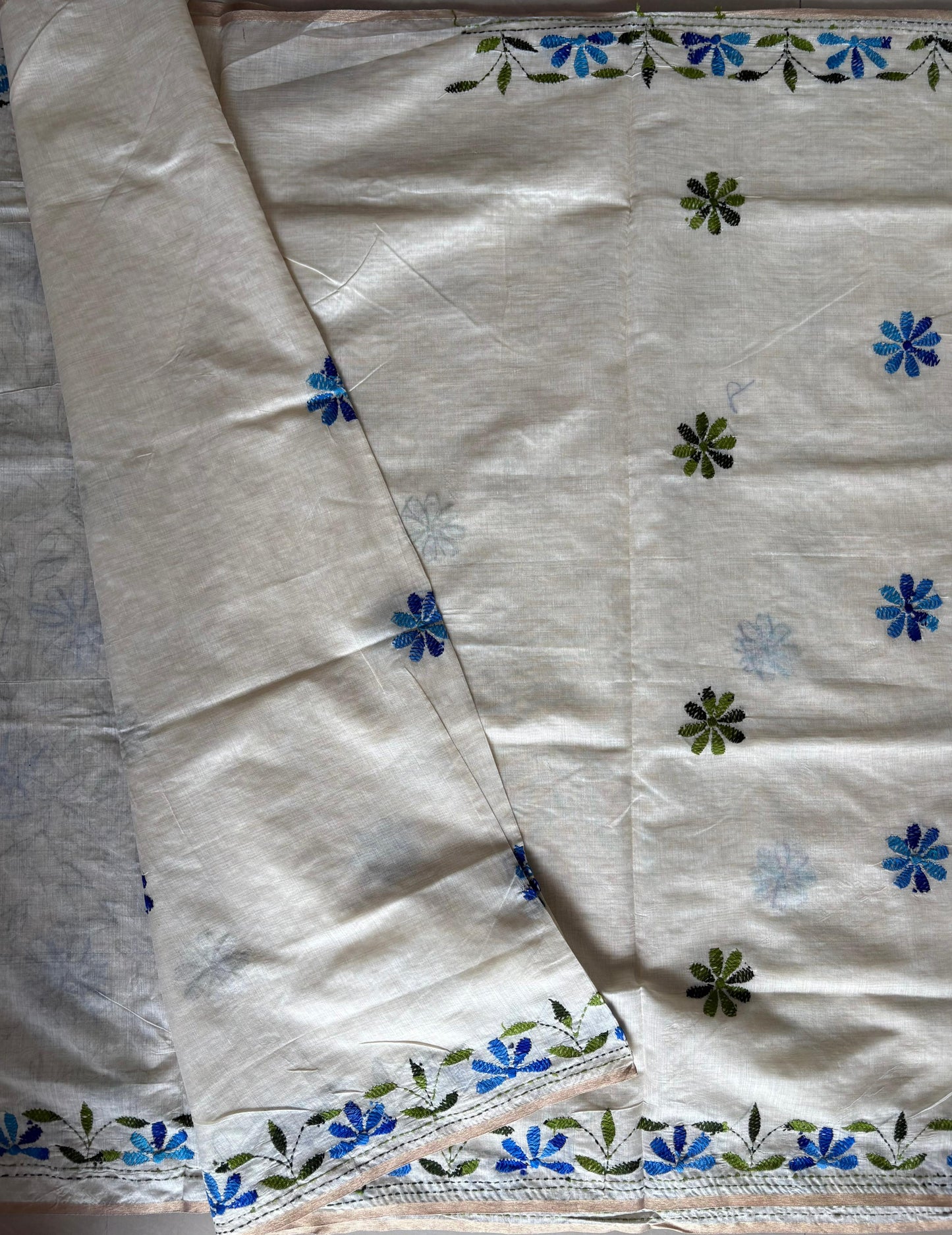 Kantha Hand Embroidered semi tassar silk Saree