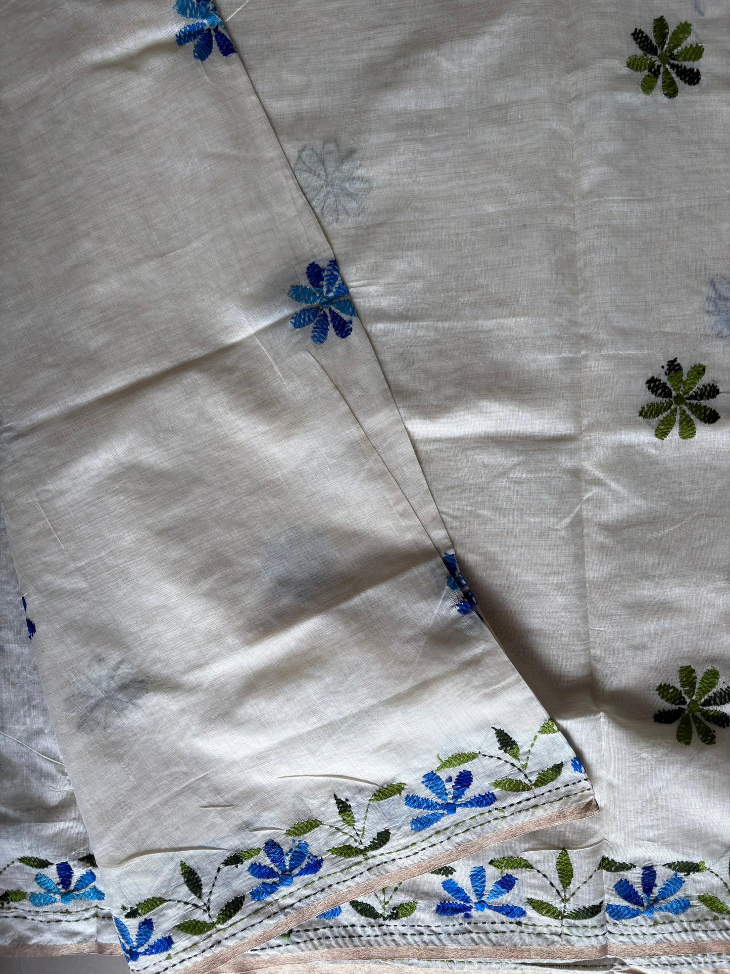 Kantha Hand Embroidered semi tassar silk Saree
