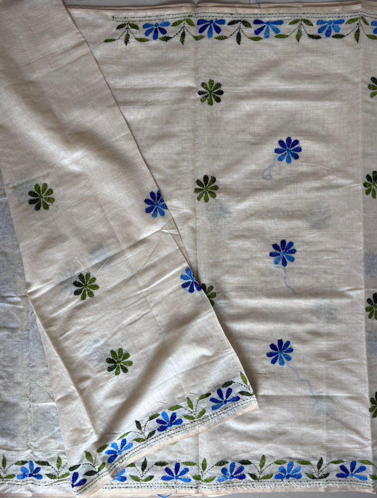 Kantha Hand Embroidered semi tassar silk Saree