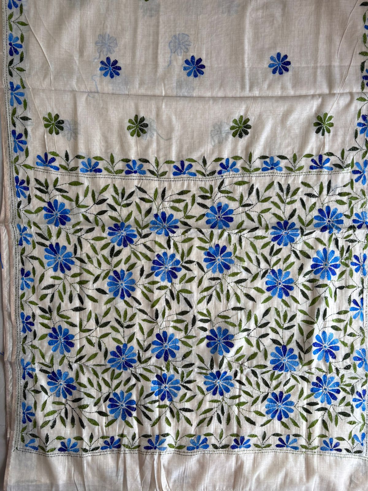 Kantha Hand Embroidered semi tassar silk Saree