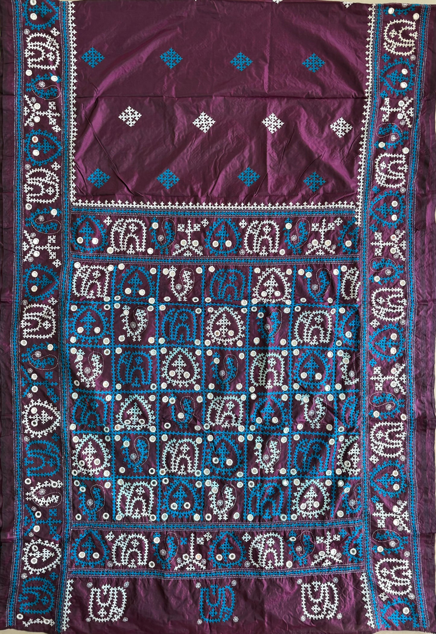 Mirror work Gujrati Stitch/Kutch Hand Embroidered Art Silk Saree