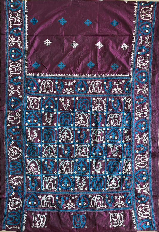 Mirror work Gujrati Stitch/Kutch Hand Embroidered Art Silk Saree