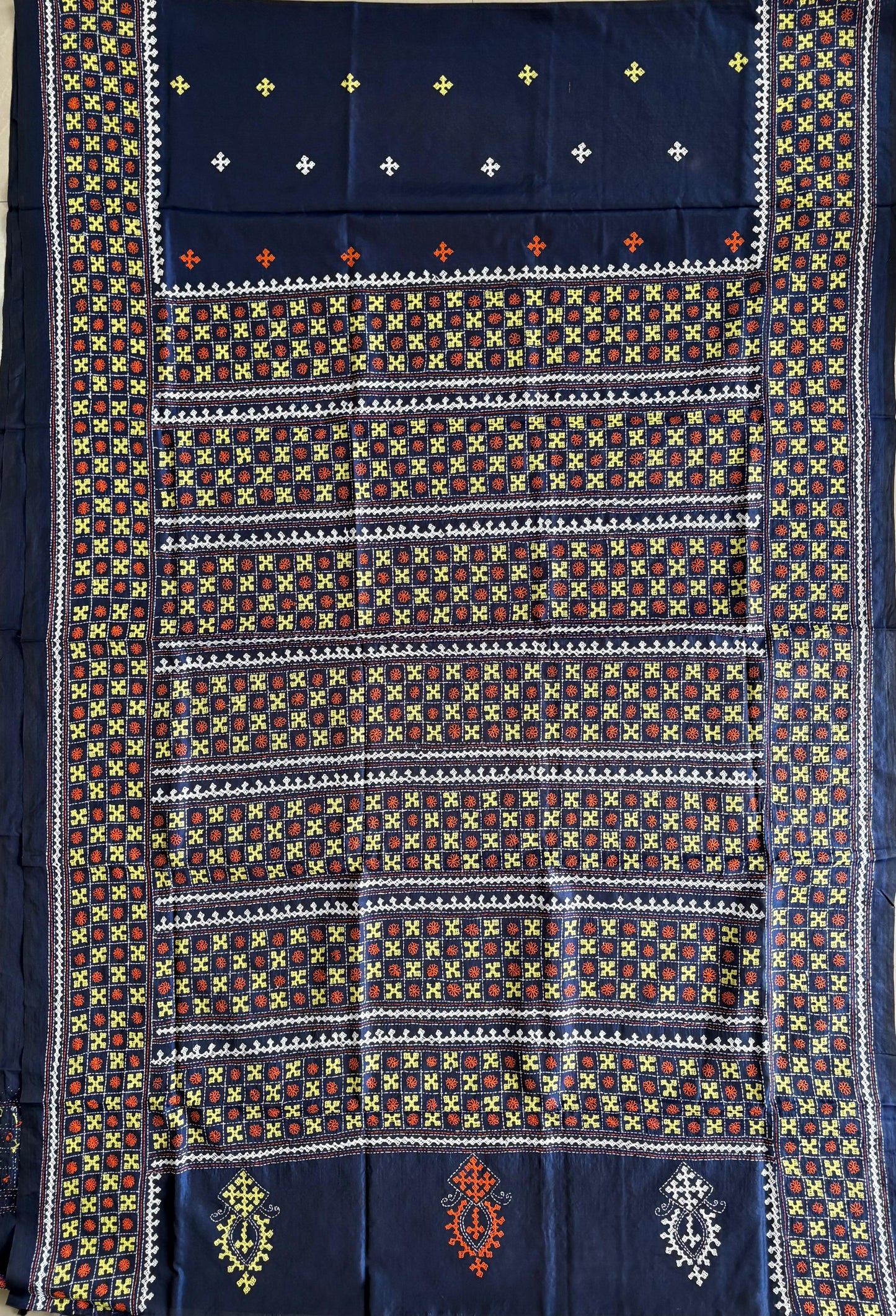 Gujrati Stitch/Kutch Hand Embroidered Art Silk Saree
