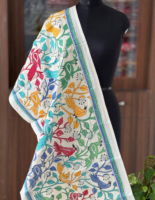 Nakshi Kantha Semi Tussar Silk Stole | White | 22" |