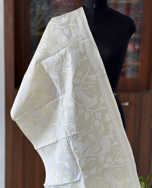 Nakshi Kantha Semi Tussar Silk Stole | White | 22" |