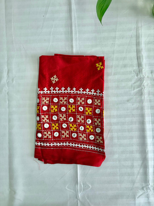 Red Gujrati work blouse pieces in art silk 1 mtr