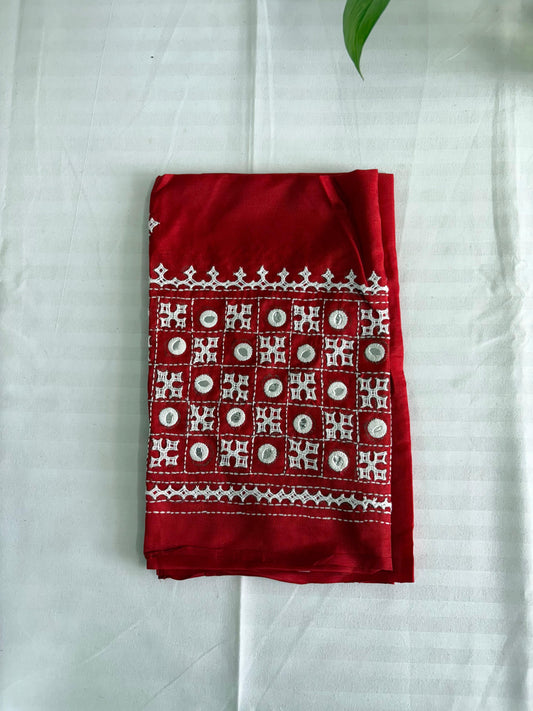 Red Gujrati work blouse pieces in art silk 1 mtr