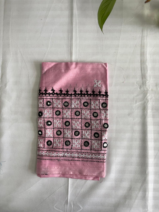 Pink Gujrati work blouse pieces in art silk 1 mtr