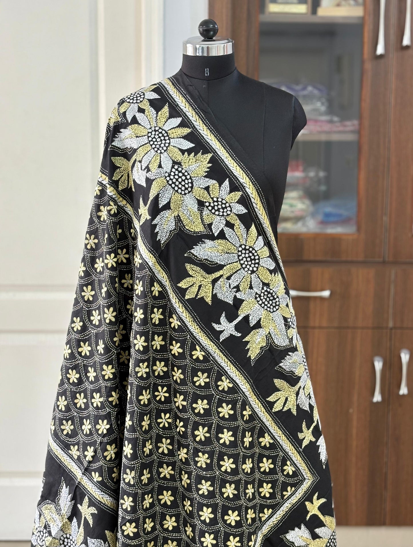 Kantha Stitch Hand Embroidary Full Work Pure Banglore Silk Dupatta - Black