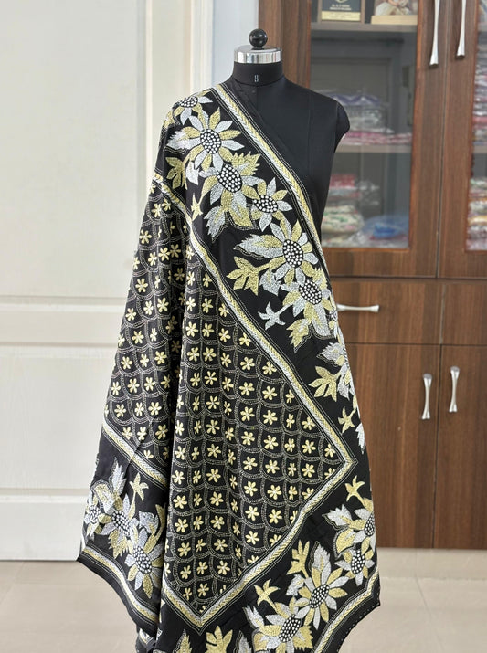 Kantha Stitch Hand Embroidary Full Work Pure Banglore Silk Dupatta - Black