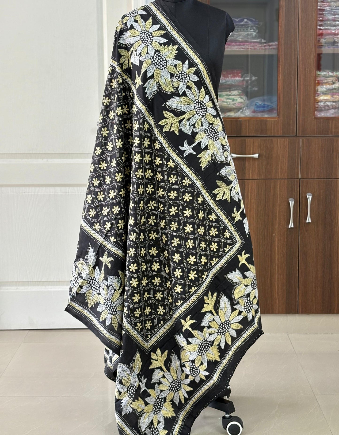 Kantha Stitch Hand Embroidary Full Work Pure Banglore Silk Dupatta - Black