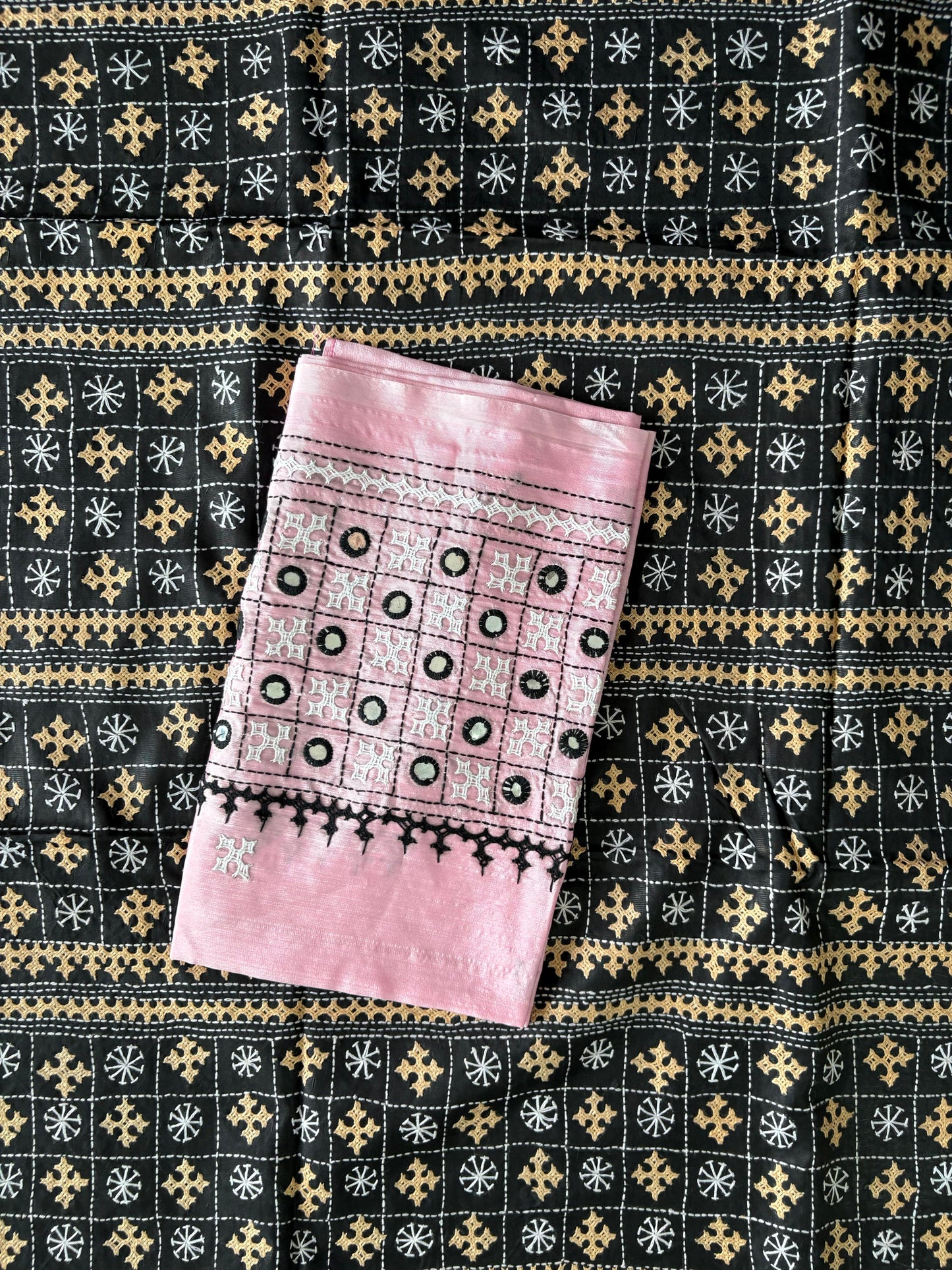 Gujrati Stitch/Kutch Hand Embroidered Art Silk Saree
