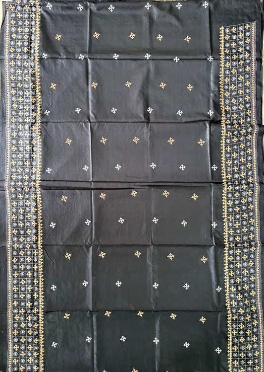 Kutchi/Gujarati Hand Embroidered Saree  | Blended Bangalore Silk / Art Silk | Black