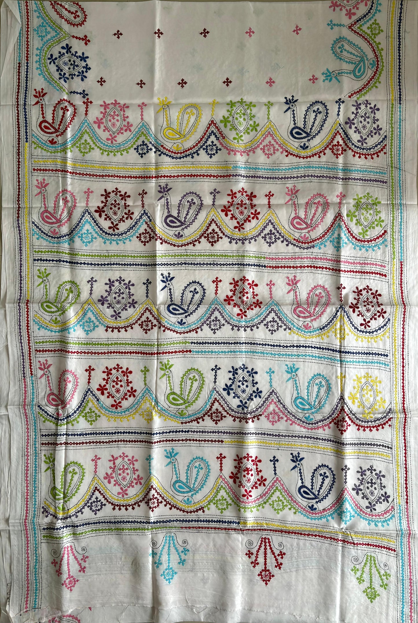 Gujrati Stitch/Kutch Hand Embroidered Art Silk Saree