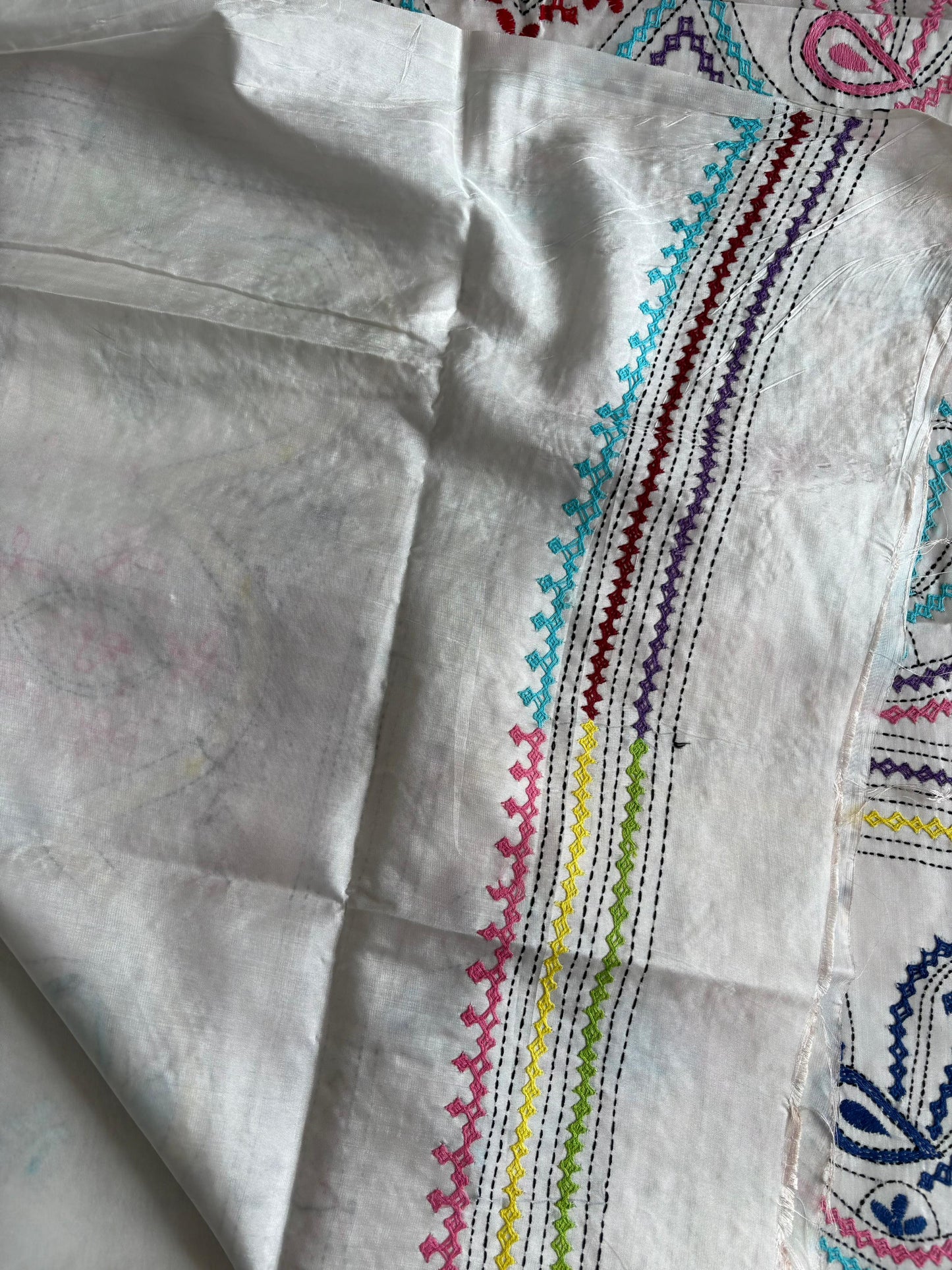 Gujrati Stitch/Kutch Hand Embroidered Art Silk Saree