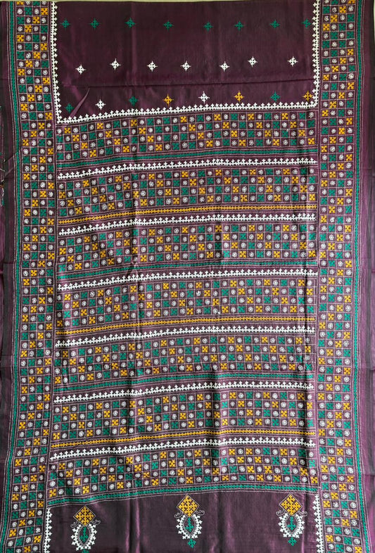 Gujrati Stitch/Kutch Hand Embroidered Art Silk Saree