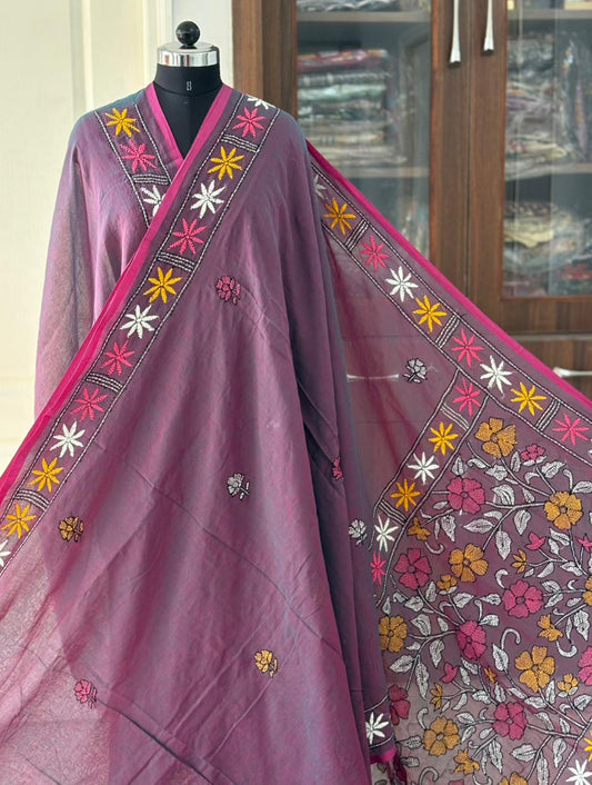 Kantha stitch Hand Embroidered Pure mul Cotton Saree