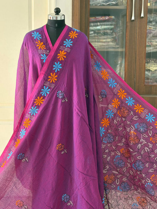 Kantha stitch Hand Embroidered Pure mul Cotton Saree