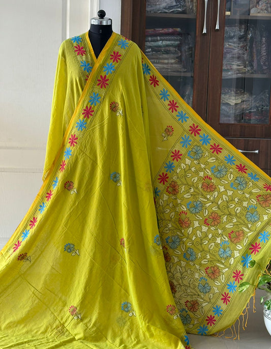 Kantha stitch Hand Embroidered Pure mul Cotton Saree