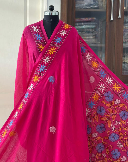 Kantha stitch Hand Embroidered Pure mul Cotton Saree