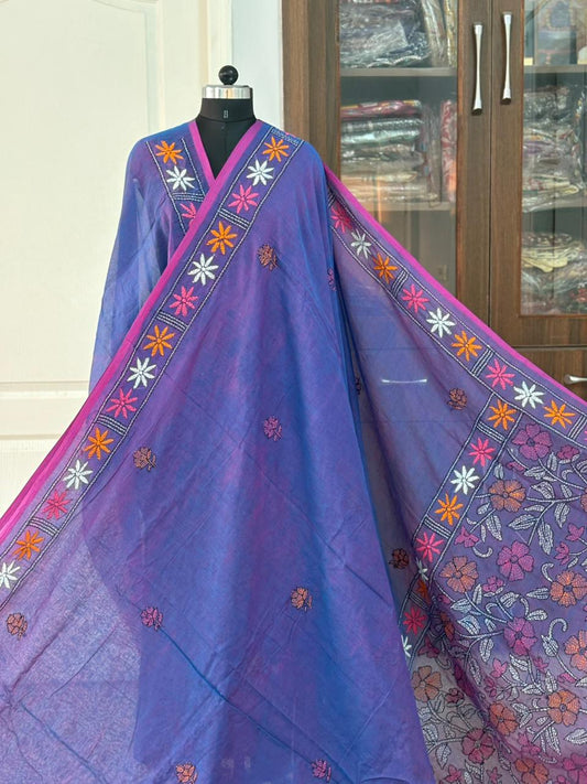 Kantha stitch Hand Embroidered Pure mul Cotton Saree