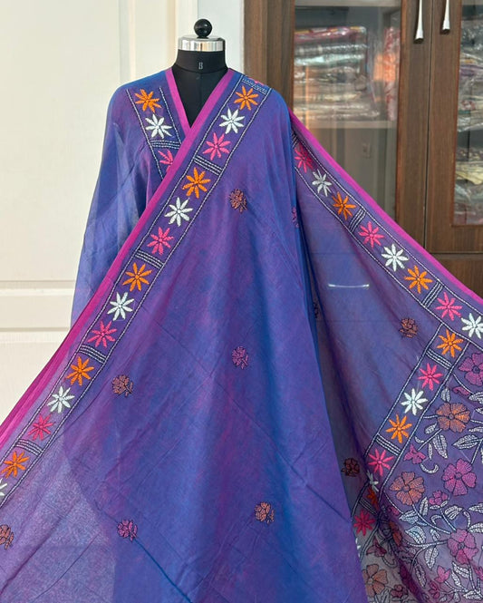 Kantha stitch Hand Embroidered Pure mul Cotton Saree