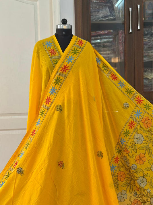 Kantha stitch Hand Embroidered Pure mul Cotton Saree