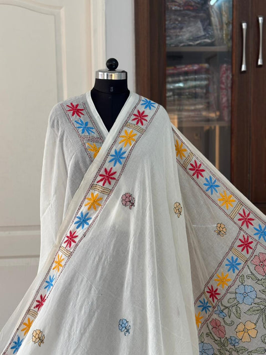 Kantha stitch Hand Embroidered Pure mul Cotton Saree