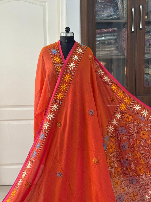 Kantha stitch Hand Embroidered Pure mul Cotton Saree