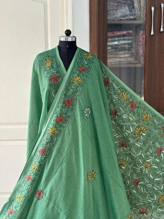 Kantha stitch Hand Embroidered Pure mul Cotton Saree