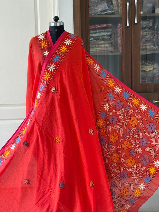 Kantha stitch Hand Embroidered Pure mul Cotton Saree