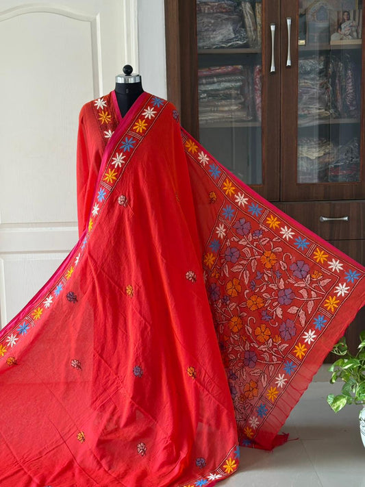 Kantha stitch Hand Embroidered Pure mul Cotton Saree