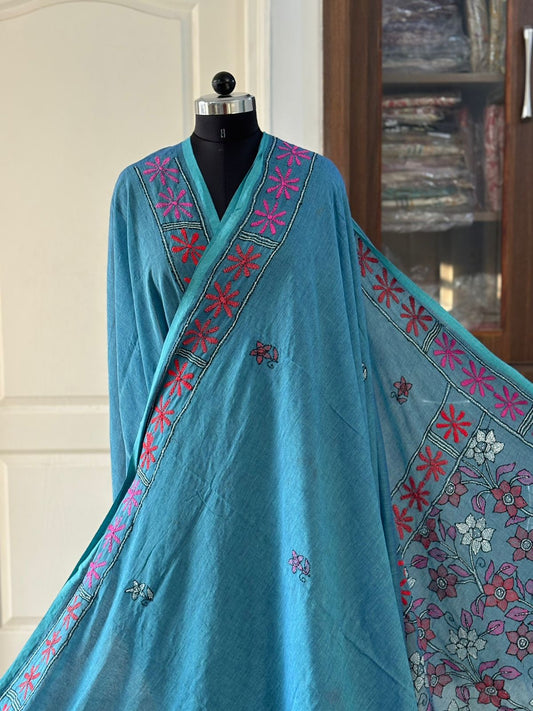Kantha stitch Hand Embroidered Pure mul Cotton Saree