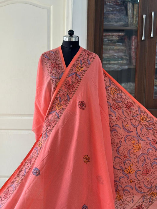 Kantha stitch Hand Embroidered Pure mul Cotton Saree