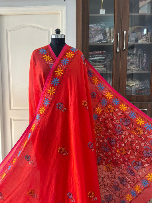 Kantha stitch Hand Embroidered Pure mul Cotton Saree