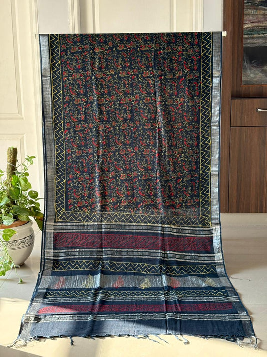 Block printed Cotton Linen Saree With unstitched Blouse