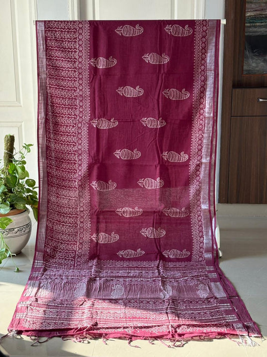 Block printed Cotton Linen Saree With unstitched Blouse