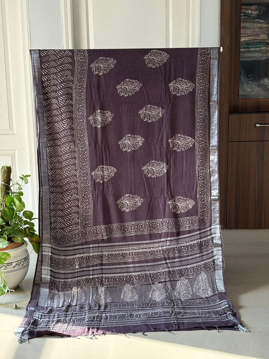 Block printed Cotton Linen Saree With unstitched Blouse