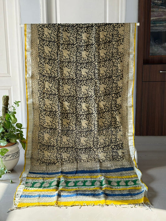 Block printed Cotton Linen Saree With unstitched Blouse