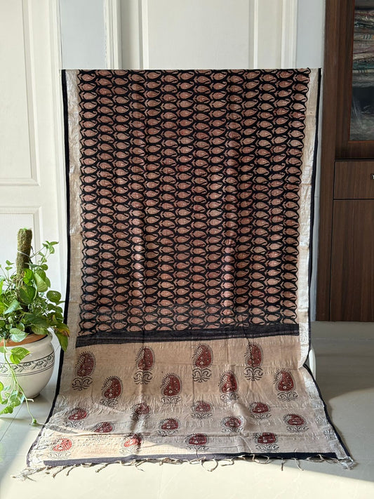 Block printed Cotton Linen Saree With unstitched Blouse