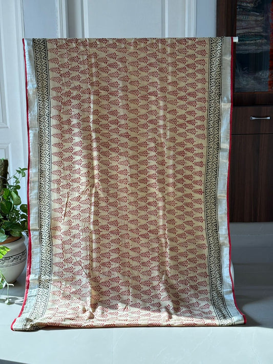 Block printed Cotton Linen Saree With unstitched Blouse
